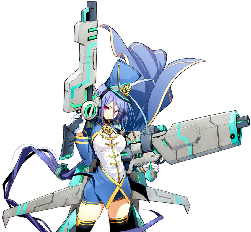 badge black_thighhighs blue_hair cape cosmic_break dual_wielding emblem feathers female gloves gun hair_ornament hat holding huge_weapon impossible_clothes jacket jetpack long_hair looking_at_viewer mecha_musume nebel official_art red_eyes simple_background skirt solo standing thighhighs uniform very_long_hair wakaba_sprout weapon white_background white_gloves wind zettai_ryouiki