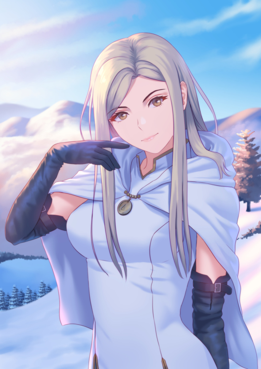 blonde_hair blue_cloak blue_dress blue_gloves blue_sky cloak closed_mouth commentary day dress elbow_gloves fateline_alpha female gloves highres long_hair looking_at_viewer mountainous_horizon octopath_traveler octopath_traveler_i ophilia_clement scenery sky smile snow tree yellow_eyes