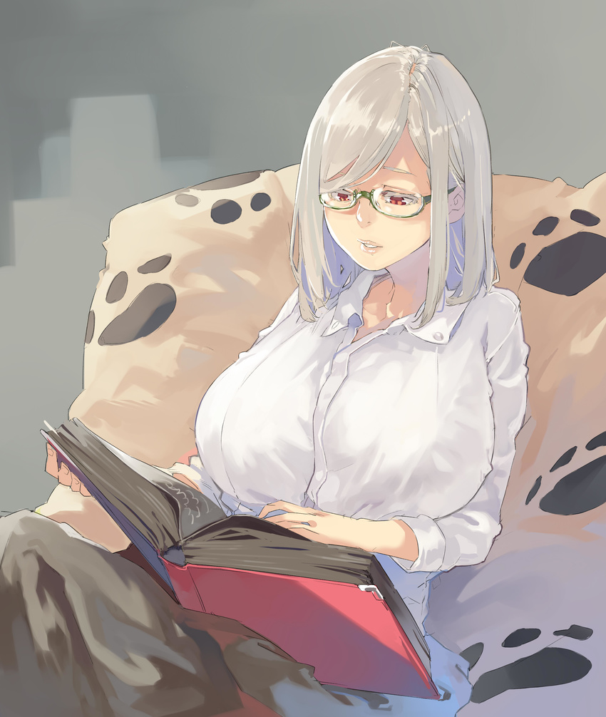 absurdres book breasts commentary_request female glasses gram_(muneneko) highres huge_breasts lips long_hair looking_down muneneko original parted_lips reading red_eyes silver_hair sitting solo