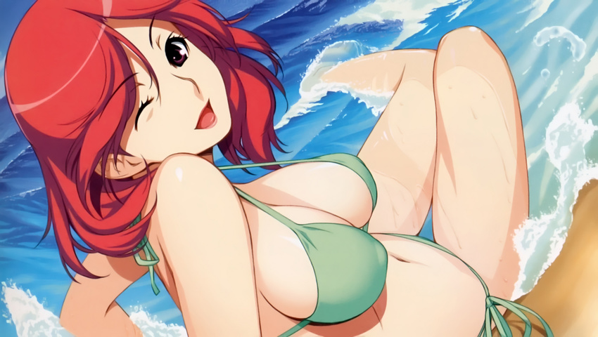 ;d beach bikini breasts cleavage covered_nipples day female from_side green_bikini highres ino_(magloid) kareshi_inai_reki_=_nenrei knees_together_feet_apart large_breasts looking_at_viewer narushima_azuki navel ocean one_eye_closed open_mouth outdoors purple_eyes red_hair smile solo strap_gap swimsuit water