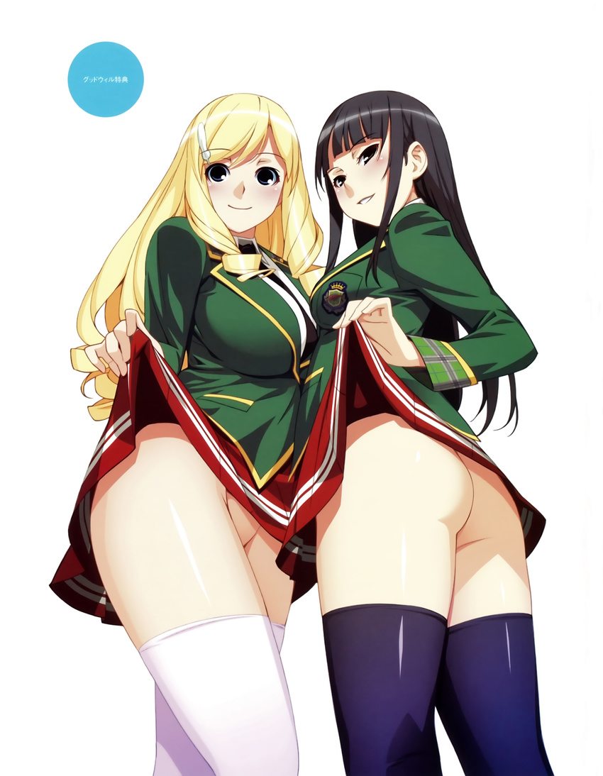 2girls absurdres aiura_ichika ass black_eyes black_hair blonde_hair blue_eyes blue_thighhighs blush breasts clothes_lift drill_hair flat_ass from_side highres hime_cut ino_(magloid) kareshi_inai_reki_=_nenrei kujou_ruri large_breasts long_hair looking_at_viewer multiple_girls no_panties parted_lips school_uniform simple_background skirt skirt_lift smile thighhighs white_background white_thighhighs