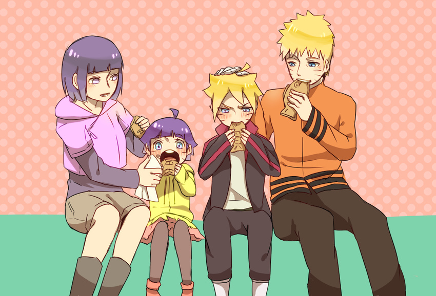 2boys 2girls blonde_hair blunt_bangs blush commentary_request eating facial_mark family father_and_daughter father_and_son food husband_and_wife hyuuga_hinata invisible_chair jacket md5_mismatch mizuto_(o96ap) mother_and_daughter mother_and_son multiple_boys multiple_girls napkin naruto naruto_(series) pantyhose sitting taiyaki track_jacket uzumaki_boruto uzumaki_himawari uzumaki_naruto wagashi