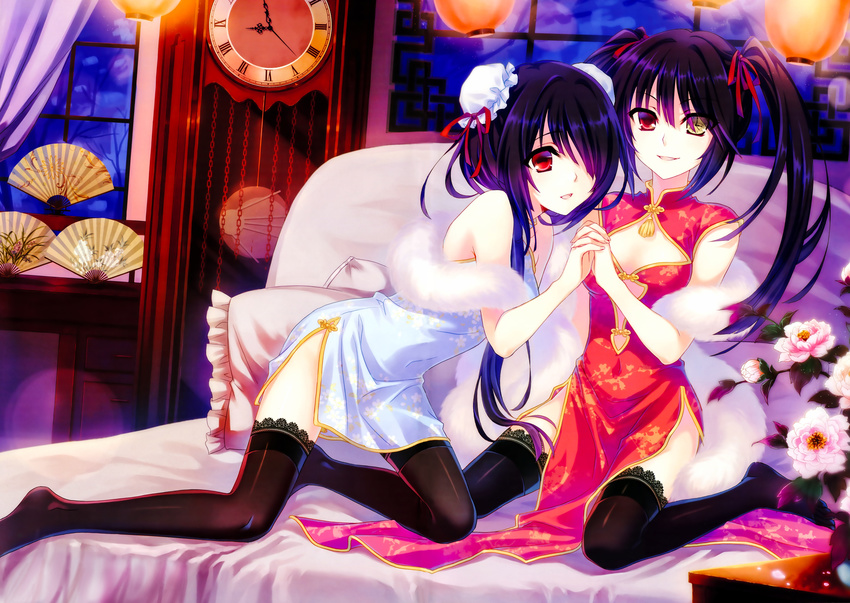 :d absurdres all_fours banned_artist bed black_hair black_legwear chinese_clothes cleavage_cutout clock date_a_live dual_persona fan flat_chest flower folding_fan full_body fur_trim gururu hair_between_eyes hair_over_one_eye heterochromia highres indoors lampion looking_at_viewer lying md5_mismatch multiple_girls on_back open_mouth pillow plant red_eyes shelf side_slit sitting smile thighhighs tokisaki_kurumi twintails wariza window yellow_eyes