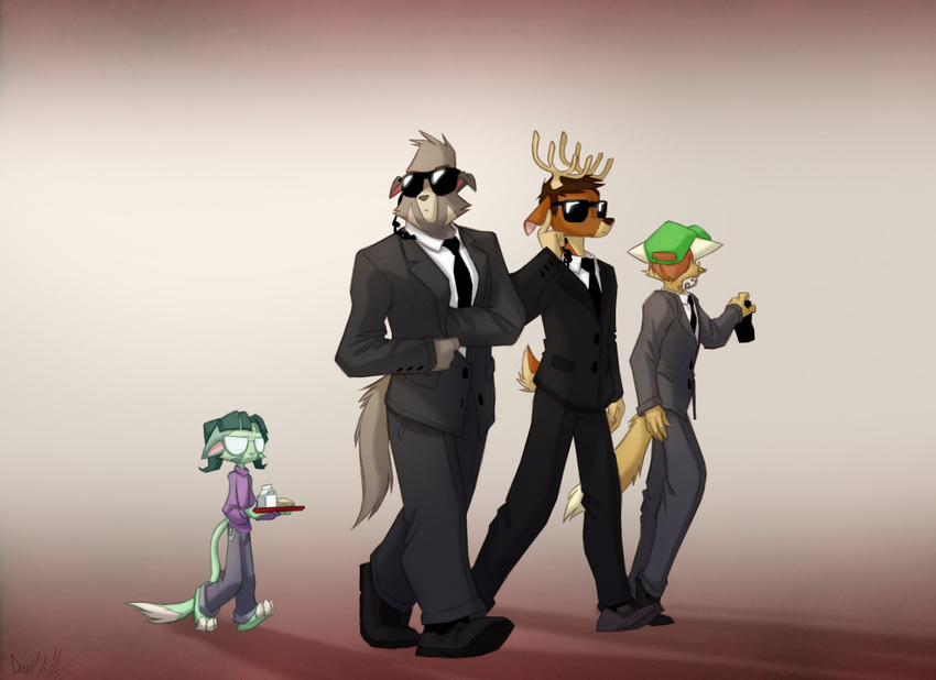 2017 anthro antlers bill_(dreamkeepers) canid canine canis clothed clothing damon_(dreamkeepers) david_lillie deer domestic_cat domestic_dog dreamkeepers eyewear felid feline felis female fox fur glasses green_body green_fur green_hair group hair horn lilith_calah male mammal sunglasses woods_(dreamkeepers) woods_damon_&_bill young