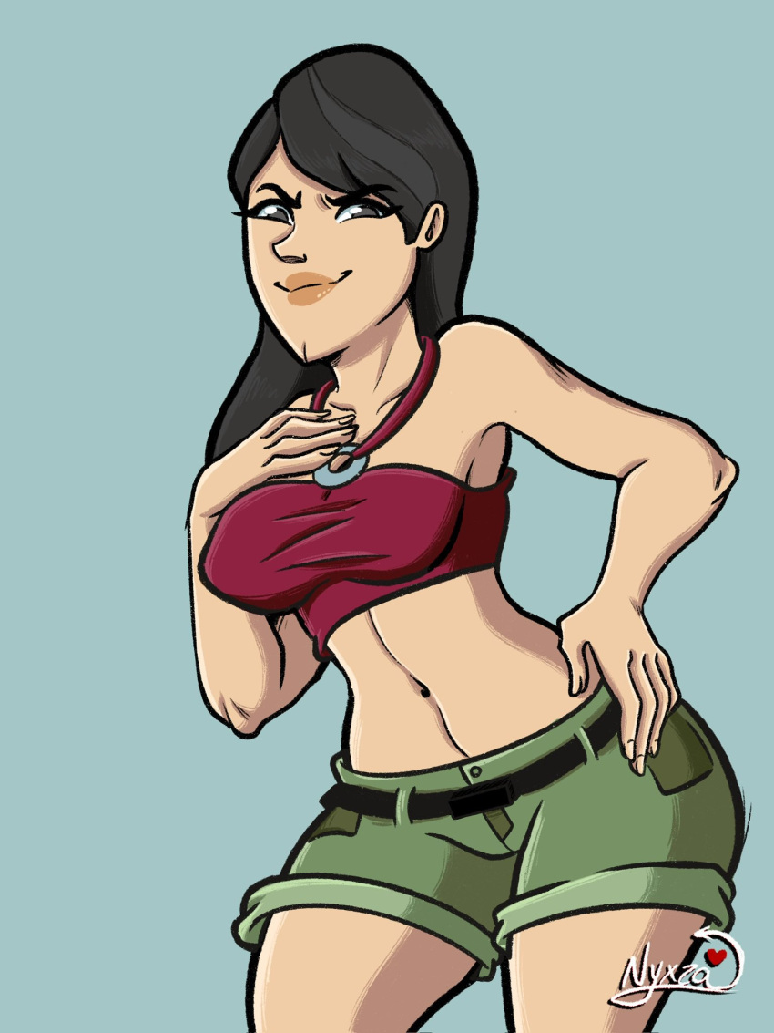 athletic athletic_female black_hair busty female female_focus female_only heather_(tdi) hourglass_figure long_hair navel nyxza pinup pinup_pose standing tagme total_drama_island wide_hips