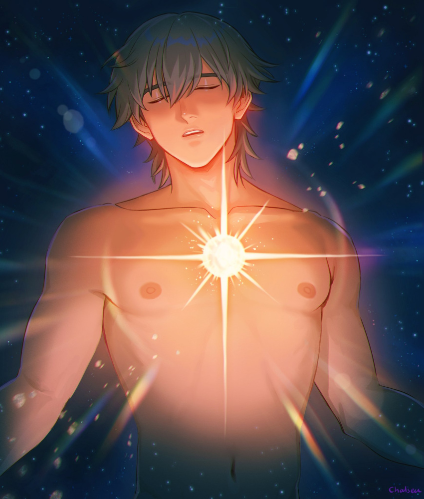 1boy anime_style belly_button blush caelus_(honkai:_star_rail) closed_eyes completely_naked completely_naked_male completely_nude completely_nude_male eyes gay glowing grey_hair honkai:_star_rail male male_focus male_only muscles muscular_male naked naked_male nipples no_visible_genitalia open_mouth short_hair solo solo_focus solo_male sombre_slahc yaoi