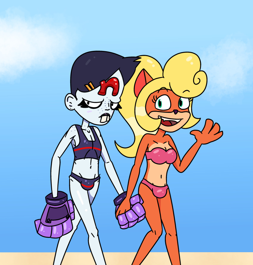 2futas anthro ball_bulge balls balls_in_panties balls_under_clothes bandicoot beach big_forehead bikini black_lipstick breasts buck_teeth buckteeth bulge bulge_through_clothing cleavage clothed clothing coco_bandicoot crash_(series) dickgirl dwonksa emo eyeshadow flaccid flat_chest freckles futa_only futa_with_futa futanari gauntlets goth hairclip happy holding_hands intersex lipstick looking_at_viewer looking_to_the_side makeup medium_breasts nina_cortex panties panty_bulge penis penis_bulge penis_in_panties penis_under_clothes public robot_hands sharp_teeth skinny walking waving waving_at_viewer