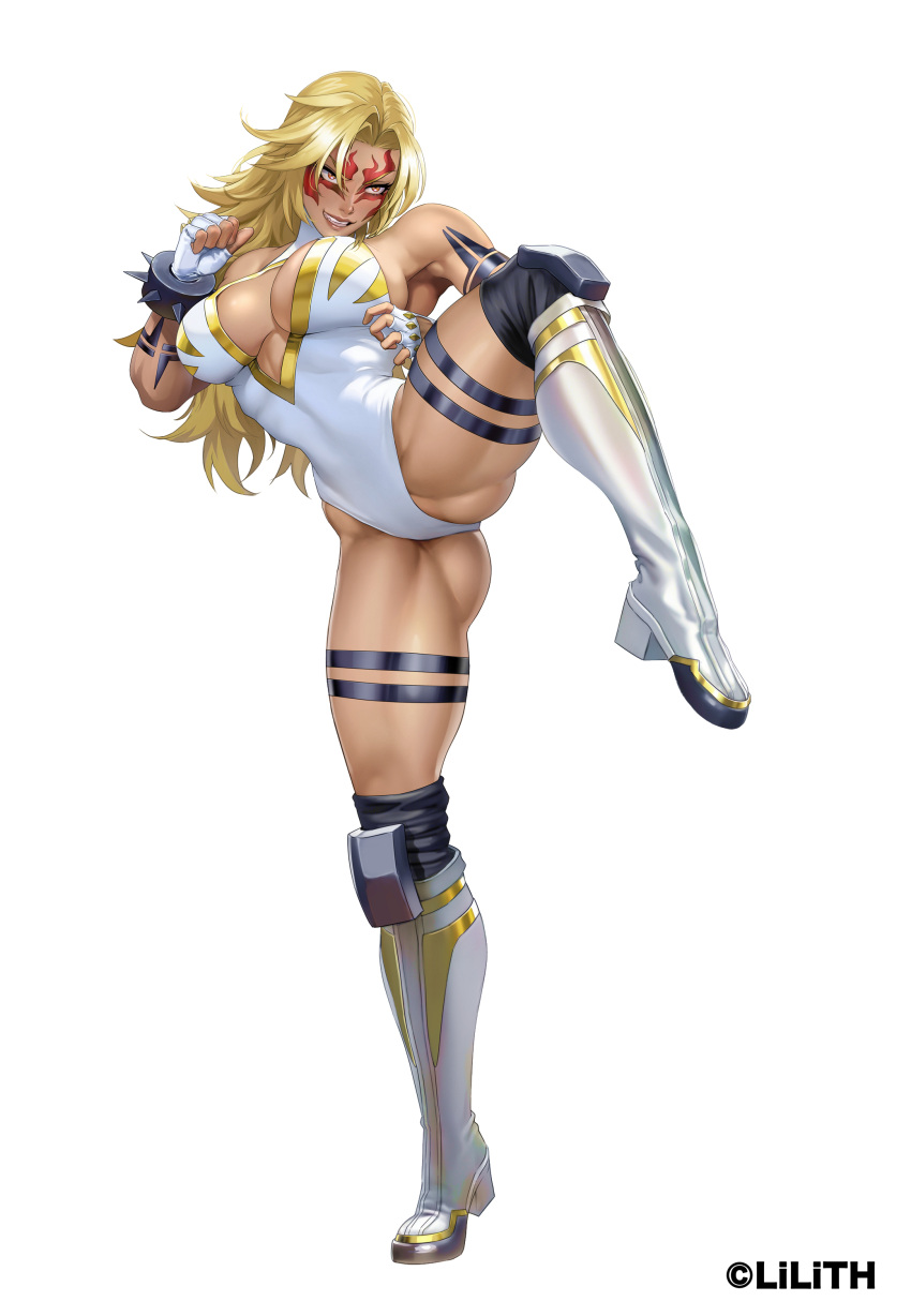 absurdres ass bikini blonde_hair breasts copyright_name curvy female fingerless_gloves gloves grin hanekura_bou highleg highleg_leotard highres kicking large_breasts leg_lift legs_apart leotard lilith-soft lips long_hair muscular muscular_female official_art power_lady smile solo standing standing_on_one_leg swimsuit taimanin_(series) taimanin_rpgx very_long_hair white_background white_bikini white_footwear white_leotard wide_hips