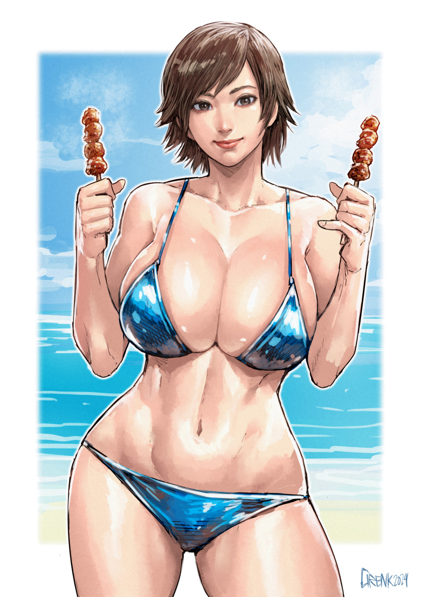 absurdres alternate_costume artist_name beach bikini blue_bikini border breasts brown_eyes brown_hair cirenk commentary female food highres holding holding_food kazama_asuka ocean short_hair solo swimsuit tekken white_border