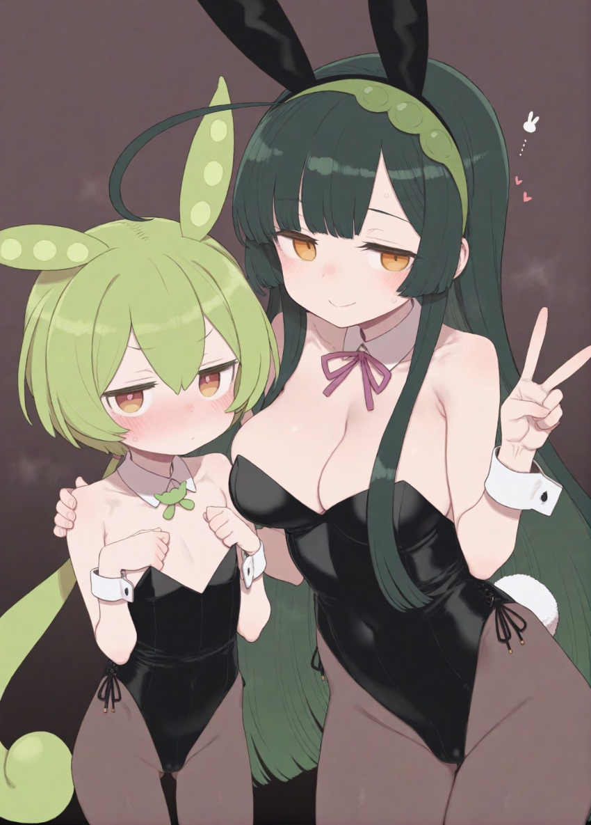 2girls ai-generated animal_ear_hairband animal_ears black_hairband black_leotard breasts brown_eyes brown_pantyhose detached_collar fake_animal_ears flat_chest futomomo_butto gesture green_hair hairband height_difference highres leotard multiple_girls neck_ribbon orange_eyes pantyhose pink_ribbon playboy_bunny rabbit_ear_hairband rabbit_ears ribbon touhoku_zunko voiceroid wrist_cuffs zundamon