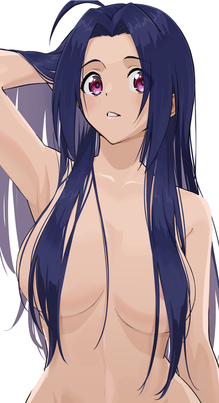 absurdres ahoge arm_behind_head armpits bare_arms bare_shoulders blue_hair blush breasts collarbone completely_nude curtained_hair dot_nose dr._gero_(staedtler_0508) female forehead groin hair_over_breasts hair_over_shoulder hand_in_own_hair highres idolmaster idolmaster_(classic) idolmaster_million_live! idolmaster_million_live!_theater_days large_breasts long_hair looking_at_viewer miura_azusa nude parted_bangs parted_lips purple_eyes sidelocks simple_background solo straight_hair teeth upper_body very_long_hair white_background