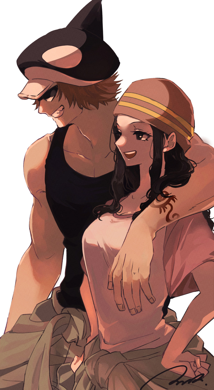 1boy absurdres black_hair black_tank_top brown_hair commentary_request cowboy_shot female hat highres ikkaku_(one_piece) ink_(winkyinkywinky) looking_ahead one_piece shachi_(one_piece) shirt sidelocks simple_background smile sunglasses tank_top white_background white_shirt