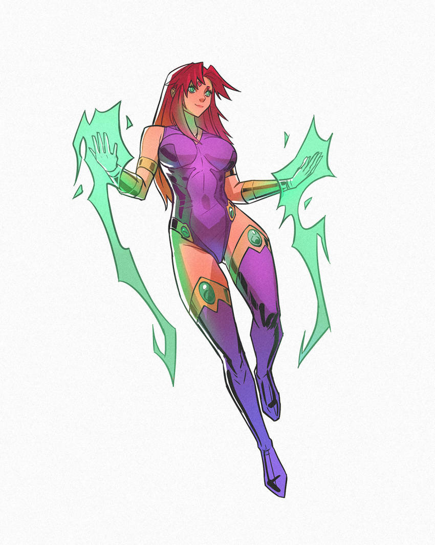 boots breasts commentary davecavedraws dc_comics energy female full_body gem green_eyes green_gemstone highres leotard long_hair purple_footwear purple_leotard red_hair simple_background solo starfire tamaranean teen_titans thigh_boots thighs white_background