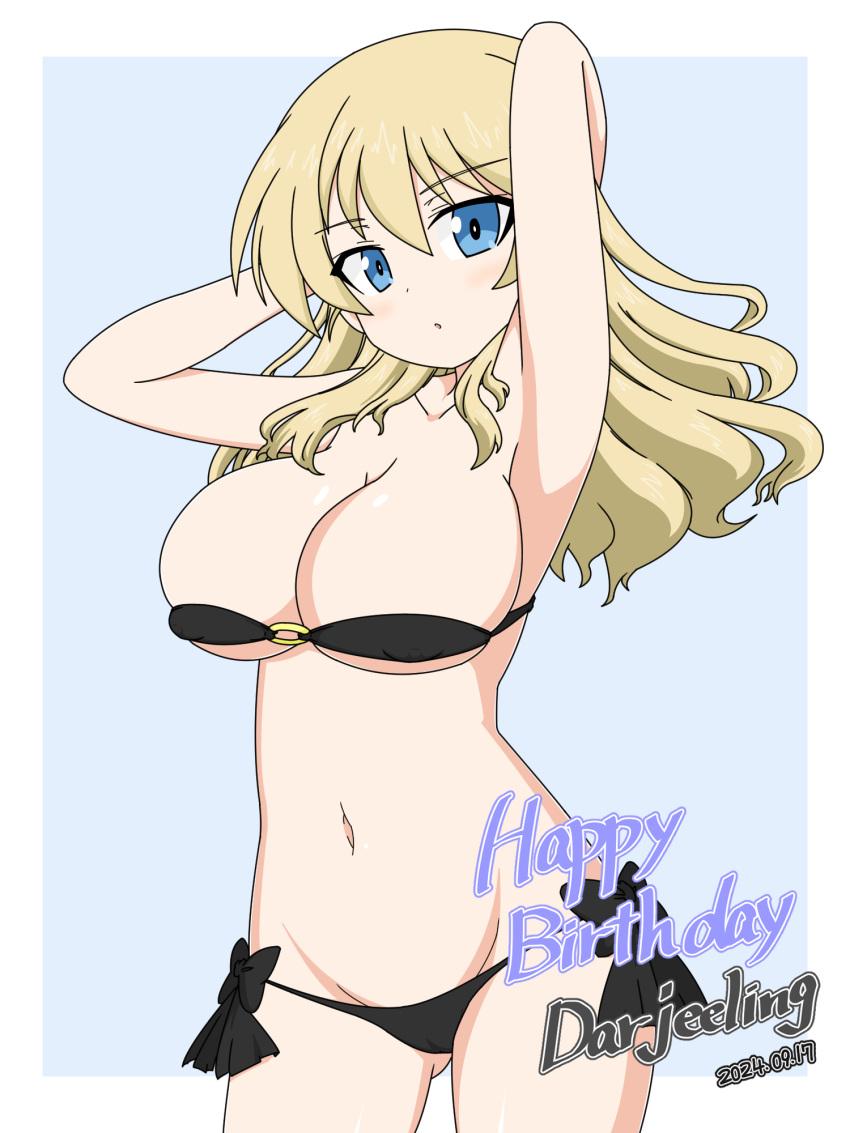 alternate_hairstyle arms_behind_head bare_shoulders bikini blonde_hair blue_background blue_eyes bow bow_bikini breasts character_name cleavage commentary cowboy_shot darjeeling_(girls_und_panzer) dated english_text female girls_und_panzer groin hair_down happy_birthday highres ichinose_jun large_breasts long_hair looking_at_viewer lowleg lowleg_bikini navel o-ring o-ring_bikini skindentation solo standing swimsuit