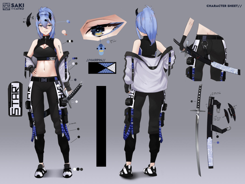 arrow_(symbol) artist_name ass bare_shoulders belt black_belt black_footwear black_gloves black_horns black_pants blue_eyes blue_hair breasts character_name character_profile cleavage cleavage_cutout closed_mouth clothing_cutout commentary english_commentary english_text eye_focus female fingerless_gloves gloves gradient_background grey_background hair_between_eyes hair_ornament hairpin hand_on_own_hip high_ponytail highres horns jacket katana light_smile long_hair long_sleeves looking_at_viewer medium_breasts multiple_views no_socks off_shoulder original pants saki_(the_atko) sample_watermark sheath sheathed shoes sidelocks sleeveless sneakers sweatpants sword the_atko two-tone_footwear watermark weapon white_background white_footwear white_jacket