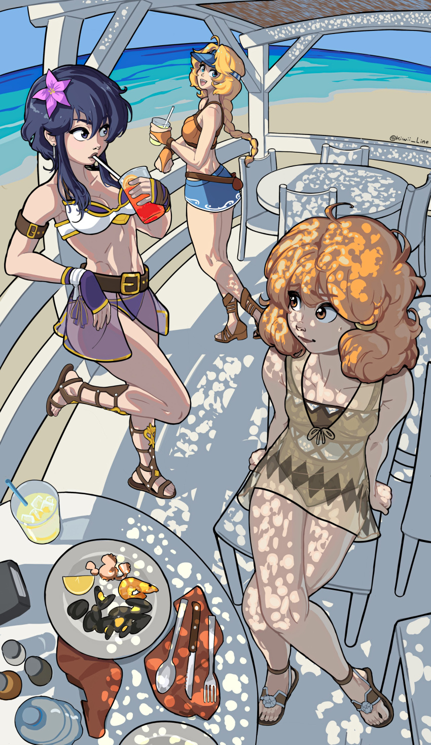 3girls absurdres ahoge alternate_costume armlet armor beach belt bikini bikini_armor black_hair blonde_hair braid braided_ponytail breastplate breasts brown_one-piece_swimsuit chair commission commissioner_upload crossed_legs cup drink drinking drinking_glass drinking_straw drinking_straw_in_mouth earrings fire_emblem fire_emblem:_genealogy_of_the_holy_war flower food fork gladiator_sandals gloves hair_flower hair_ornament hairclip highres holding holding_cup holding_drink jewelry kiwii_line knife lana_(fire_emblem) larcei_(fire_emblem) leather_strap long_hair looking_at_another medium_breasts multiple_girls navel ocean one-piece_swimsuit orange_bikini orange_hair outdoors patty_(fire_emblem) ponytail pouch purple_bikini sandals seafood see-through_clothes short_hair side-tie_bikini_bottom sidelocks small_breasts smile spoon standing standing_on_one_leg stomach sweatdrop swimsuit swimsuit_cover-up table tomboy visor_cap