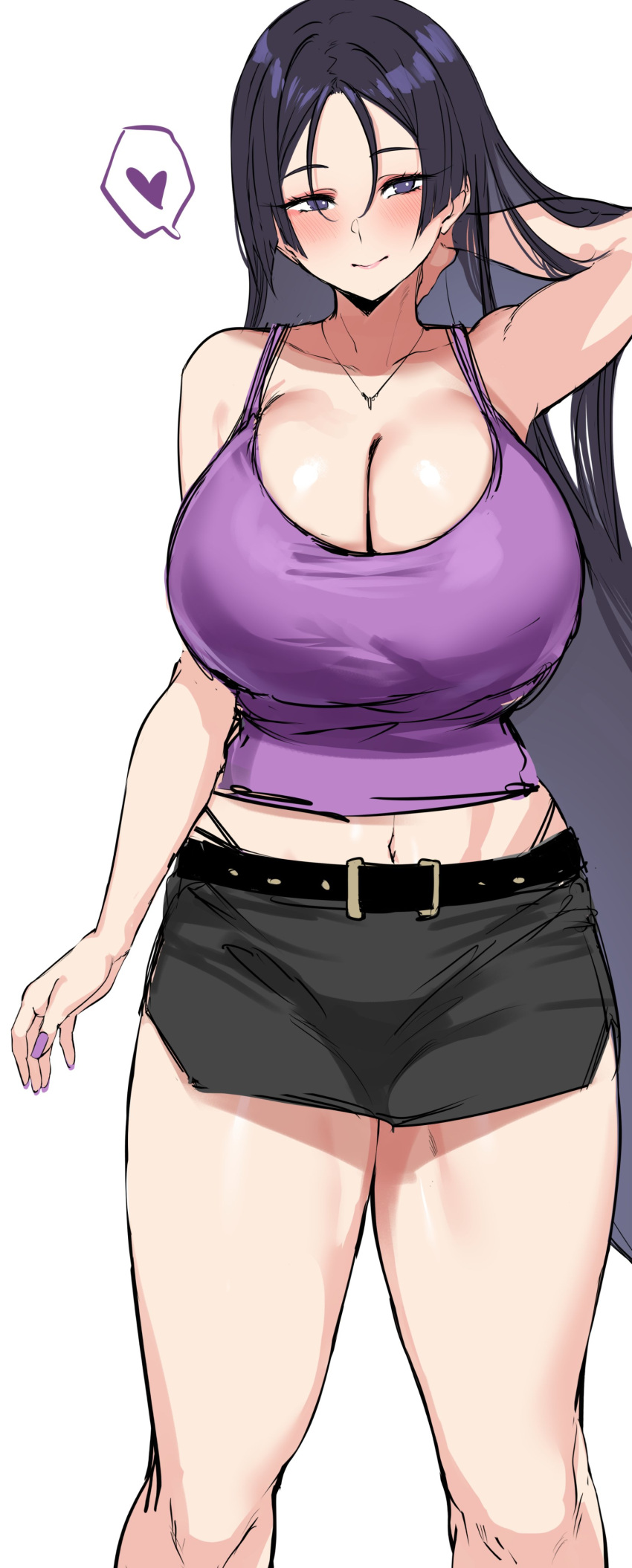 absurdres agetama bare_shoulders belt black_shorts blush breasts camisole cleavage collarbone fate/grand_order fate_(series) female highres jewelry large_breasts long_hair looking_at_viewer minamoto_no_raikou_(fate) navel necklace parted_bangs purple_camisole purple_eyes purple_hair shorts smile solo thighs very_long_hair