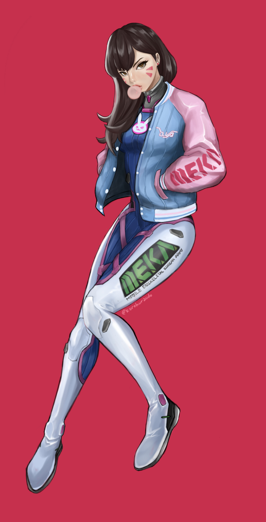 absurdres acronym animal_print blowing_bubbles blue_bodysuit bodysuit boots breasts brown_eyes brown_hair buttons character_name chewing_gum clothes_writing commentary d.va_(overwatch) ear_piercing english_commentary eyelashes eyeliner facepaint facial_mark female full_body hands_in_pockets headphones highres hyde_(tabakko) jacket knee_pads letterman_jacket lips long_hair looking_at_viewer makeup mecha_pilot_suit medium_breasts no_headwear open_clothes open_jacket overwatch overwatch_1 piercing pink_lips rabbit_print red_background ribbed_bodysuit simple_background skin_tight solo thigh_boots thighhighs turtleneck twitter_username whisker_markings white_footwear white_thighhighs