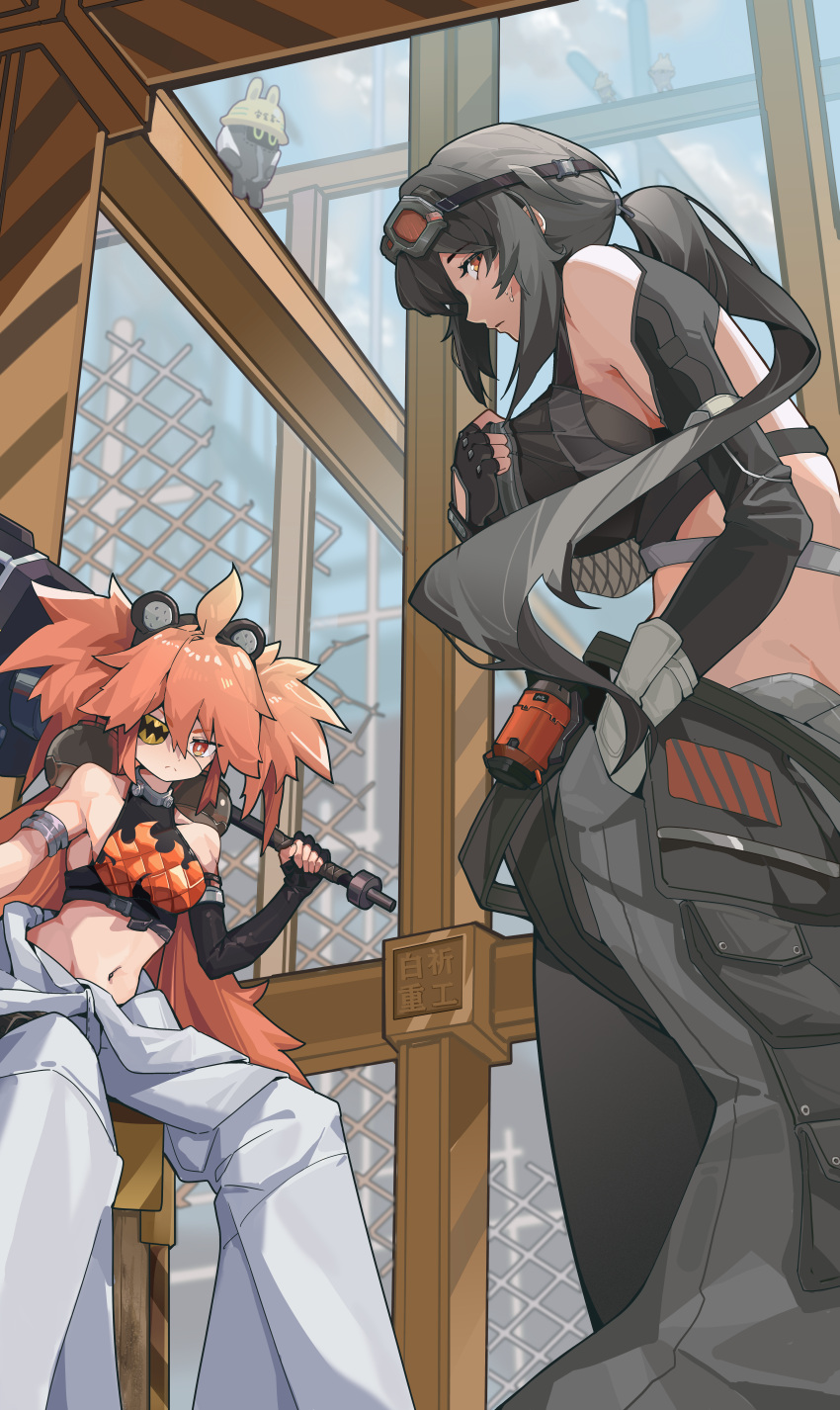 2girls absurdres bangboo_(zenless_zone_zero) black_gloves black_hair black_pants breasts closed_mouth cowboy_shot crop_top eyepatch fingerless_gloves gloves goggles goggles_on_head grace_howard hair_between_eyes hammer hand_in_pocket highres holding holding_hammer koleda_belobog large_breasts long_hair looking_at_viewer multiple_girls navel outdoors pants ponytail red_eyes red_hair sidelocks small_breasts sweatdrop tou_tu white_pants zenless_zone_zero