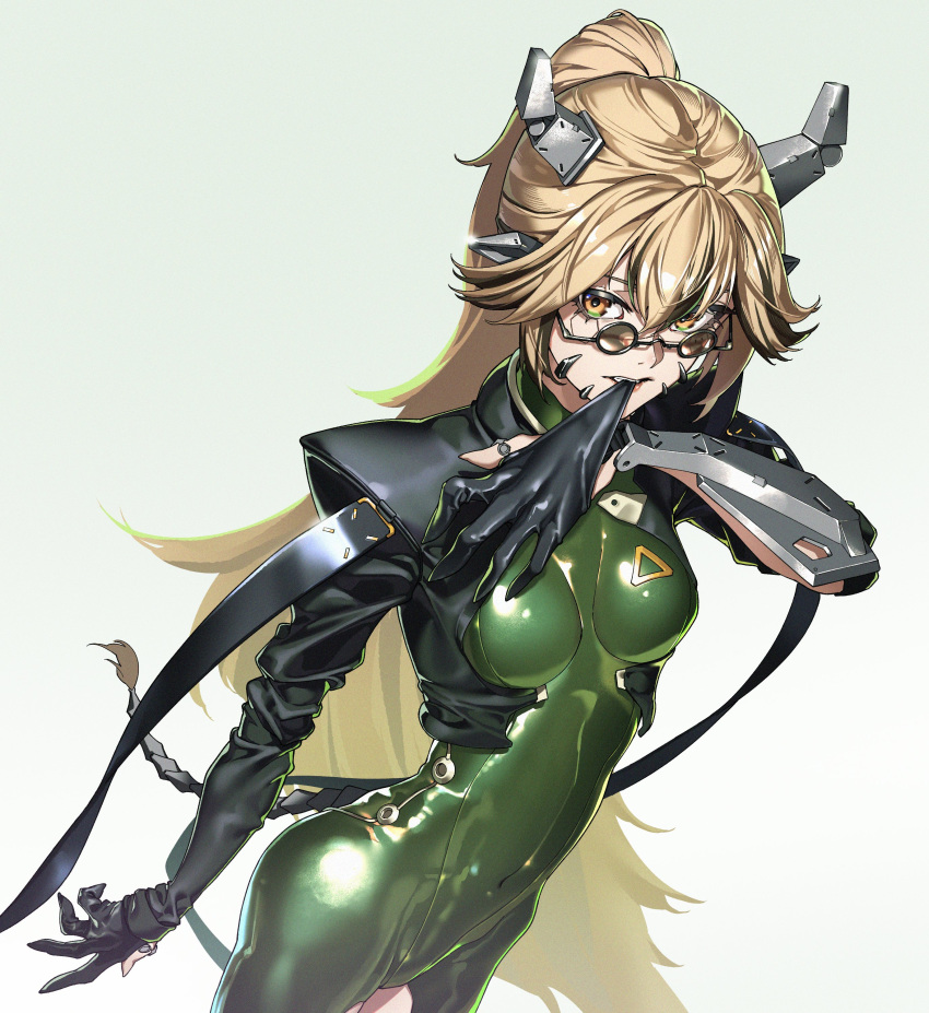 absurdres arm_at_side black_gloves blonde_hair bodysuit breasts commission covered_navel female glasses glove_pull gloves gradient_background green_background green_bodysuit highres horns long_hair marui_(fxxstate_ofmind) mechanical_horns mechanical_tail original partially_fingerless_gloves ponytail round_eyewear shiny_clothes skeb_commission skin_tight small_breasts solo standing tail very_long_hair yellow_eyes