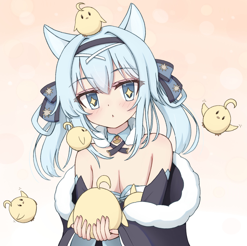 animal animal_ear_fluff animal_ears azur_lane bare_shoulders bird black_bow blue_bow blue_eyes blue_hair bow breasts cat_girl chick cleavage dvomil female hairbow hands_up highres holding holding_animal light_blush manjuu_(azur_lane) medium_breasts medium_hair parted_lips simple_background sparkling_eyes suzunami_(azur_lane) triangle_mouth upper_body yellow_background