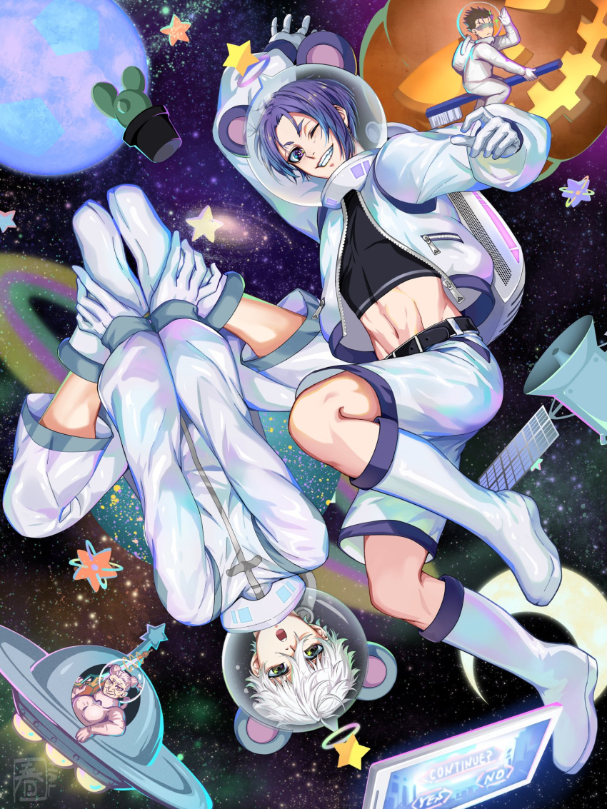 3boys ba-ya black_hair black_shirt blue_eyes blue_hair blue_lock boots breasts brown_eyes cactus crop_top double_bun female gloves grin hair_between_eyes hair_bun hair_slicked_back halu-ca highres jacket medium_breasts midriff mikage_reo multiple_boys nagi_seishirou navel old old_woman one_eye_closed open_mouth parted_bangs planet satellite shirt shorts signature smile spacecraft spacesuit toothbrush tsurugi_zantetsu white_footwear white_gloves white_hair white_jacket white_shorts