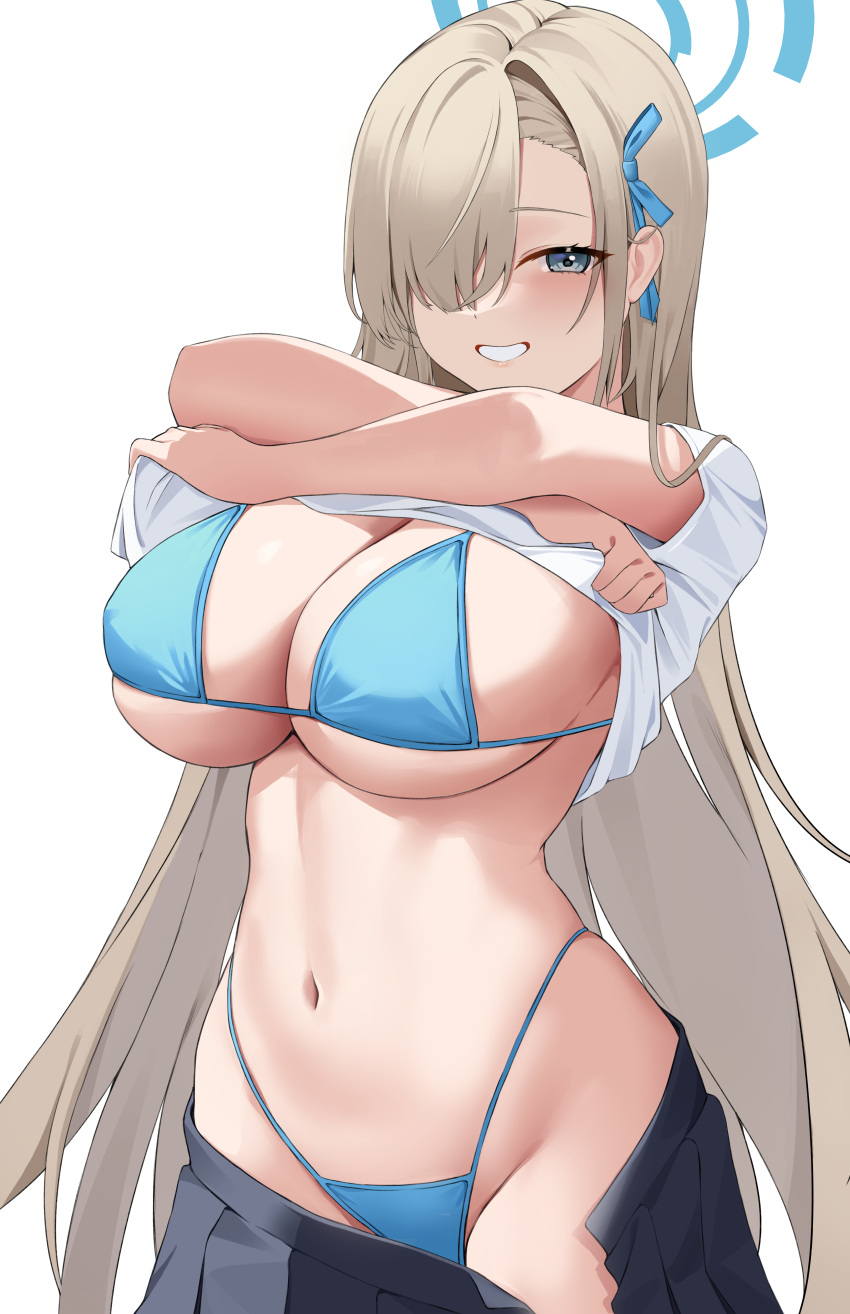 absurdres asuna_(blue_archive) bikini bikini_under_clothes black_skirt blue_archive blue_ribbon blush breasts cleavage clothes_lift commentary_request female hair_ribbon highleg highleg_bikini highres large_breasts lifting_own_clothes light_brown_hair long_hair looking_at_viewer nacho_(nacho_1103) navel open_clothes open_skirt ribbon shirt_lift short_sleeves sideboob simple_background skindentation skirt smile solo stomach swimsuit underboob very_long_hair white_background