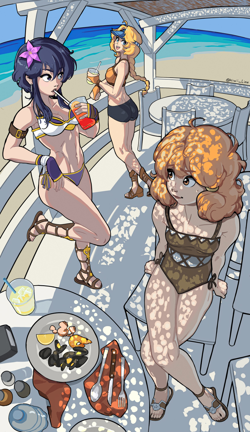 3girls absurdres ahoge alternate_costume armlet armor beach bike_shorts bikini bikini_armor black_hair blonde_hair braid braided_ponytail breastplate breasts brown_one-piece_swimsuit chair commission commissioner_upload crossed_legs cup drink drinking drinking_glass drinking_straw drinking_straw_in_mouth earrings fire_emblem fire_emblem:_genealogy_of_the_holy_war flower food fork gladiator_sandals gloves hair_flower hair_ornament hairclip highres holding holding_cup holding_drink jewelry kiwii_line knife lana_(fire_emblem) larcei_(fire_emblem) leather_strap long_hair looking_at_another medium_breasts multiple_girls navel ocean one-piece_swimsuit orange_bikini orange_hair outdoors patty_(fire_emblem) ponytail purple_bikini sandals seafood short_hair side-tie_bikini_bottom sidelocks small_breasts smile spoon standing standing_on_one_leg stomach sweatdrop swimsuit table tomboy visor_cap