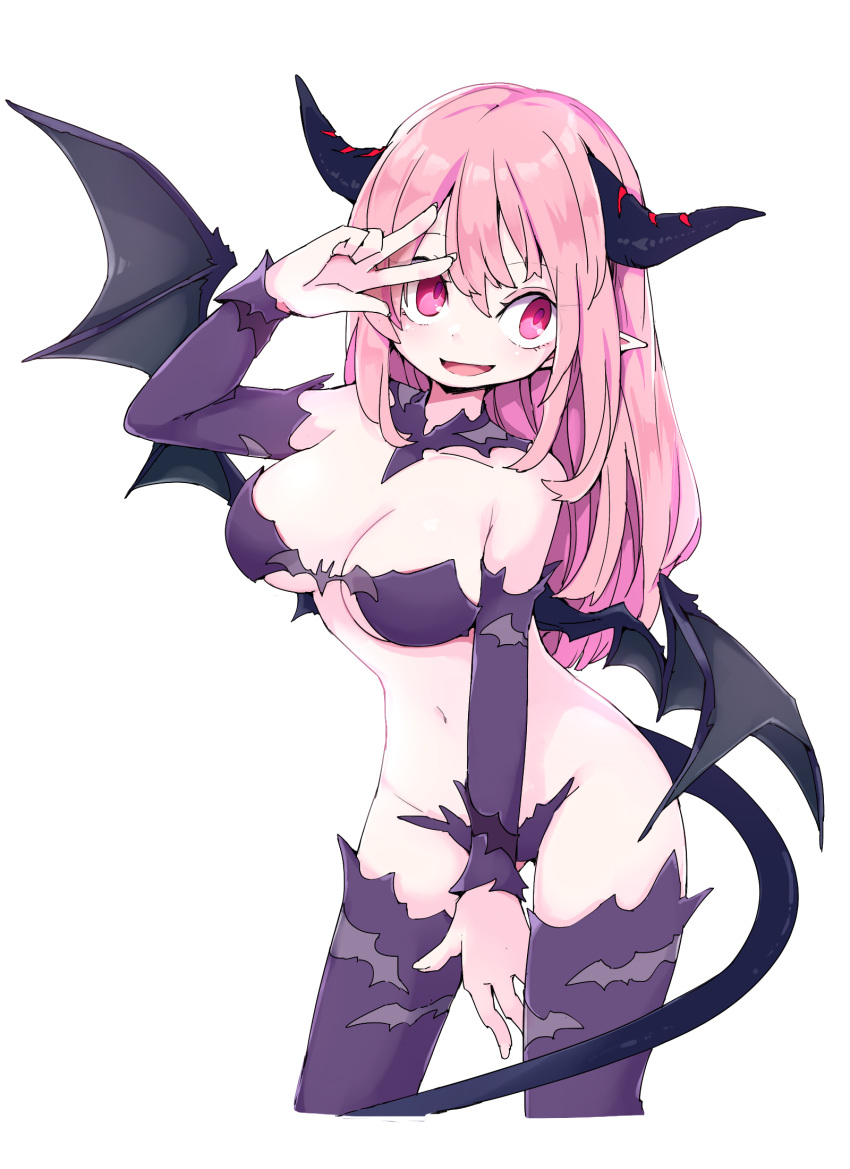 bra breasts contrapposto cropped_legs demon_girl demon_horns demon_tail demon_wings detached_sleeves female frfr highres horns large_breasts long_hair navel open_mouth original pink_eyes pink_hair pointy_ears purple_sleeves purple_thighhighs simple_background smile solo strapless strapless_bottom strapless_bra tail thighhighs underwear v white_background wings