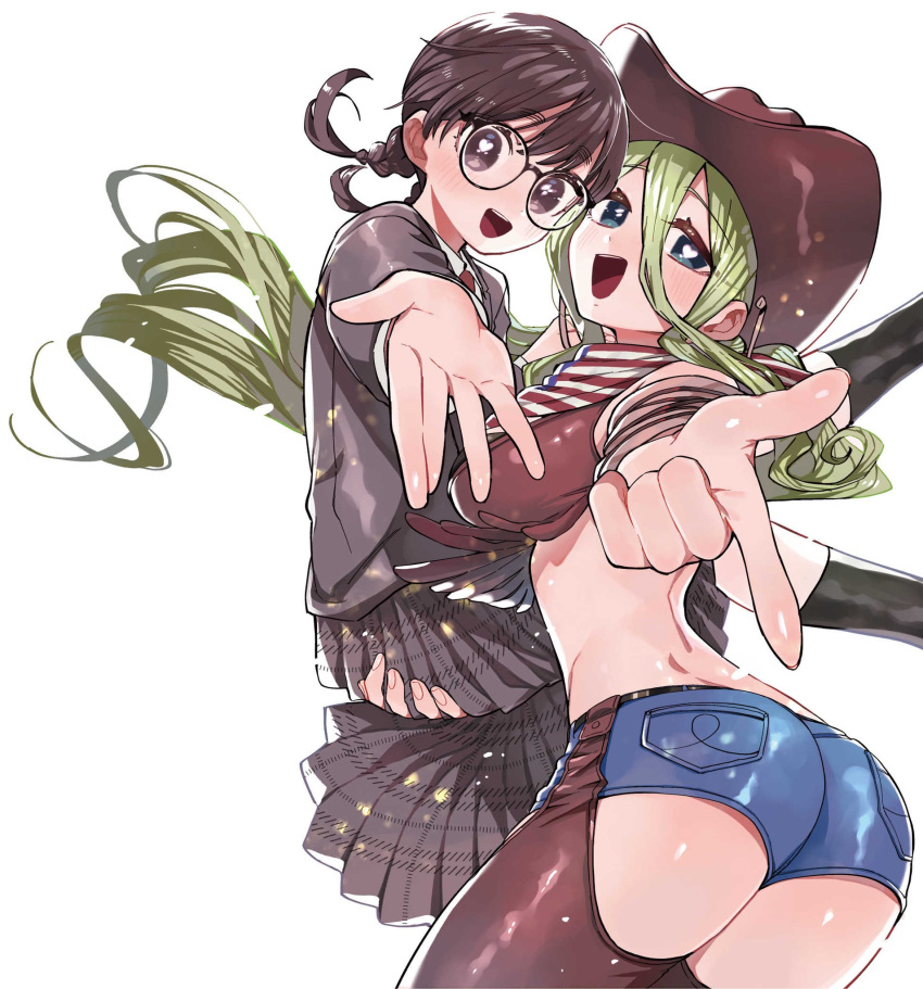 2girls ass black_hair black_jacket black_skirt black_socks blazer blue_eyes blue_shorts braid breasts brown_eyes brown_hair carrying carrying_person chaps cover_image cowboy_hat cowgirl_(western) denim denim_shorts from_side glasses green_eyes hat heart heart-shaped_pupils highres iin_chiyo index_finger_raised jacket kimi_no_koto_ga_dai_dai_dai_dai_daisuki_na_100-nin_no_kanojo large_breasts long_hair medium_hair multiple_girls nozawa_yukiko official_art pleated_skirt reaching reaching_towards_viewer school_uniform shorts simple_background skirt socks symbol-shaped_pupils twin_braids white_background yamato_nadeshiko_(hyakkano)