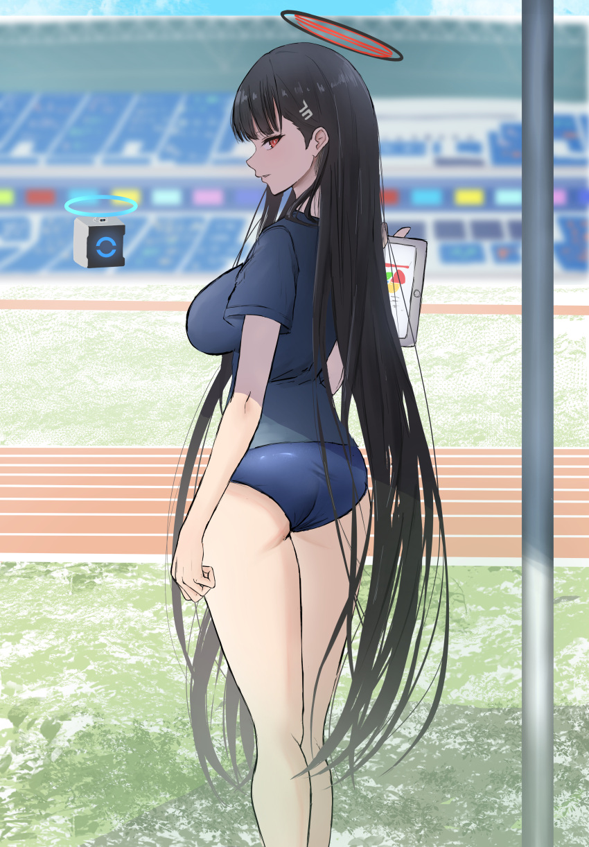 absurdres asao_(asaomm12345) ass back black_hair blue_archive breasts buruma female hair_ornament hairclip halo highres large_breasts long_hair looking_at_viewer ooarai_school_uniform outdoors red_eyes rio_(blue_archive) school_uniform smile solo stadium very_long_hair