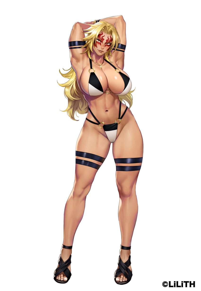 absurdres alternate_costume arms_up bikini blonde_hair breasts cleavage curvy feet female full_body hanekura_bou highleg highleg_bikini highres large_breasts lilith-soft lips long_hair looking_at_viewer multi-strapped_bikini_bottom muscular muscular_female navel official_alternate_costume official_art power_lady sandals simple_background smile solo standing swimsuit taimanin_(series) taimanin_rpgx toeless_footwear toes very_long_hair white_background white_bikini wide_hips