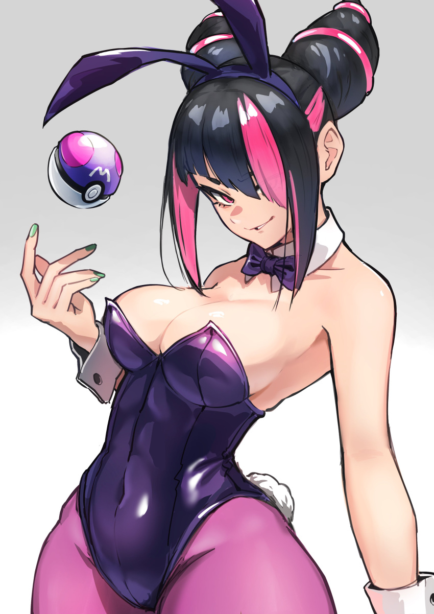 absurdres animal_ears ap_cammy bare_shoulders black_hair black_leotard breasts cleavage collarbone cowboy_shot diagonal_bangs fake_animal_ears fake_tail female grey_background hair_over_one_eye highres horn-shaped_hair juri_han large_breasts leotard master_ball multicolored_hair pantyhose pink_hair playboy_bunny poke_ball pokemon purple_eyes purple_pantyhose rabbit_ears rabbit_tail simple_background solo strapless strapless_leotard streaked_hair street_fighter tail two-tone_hair