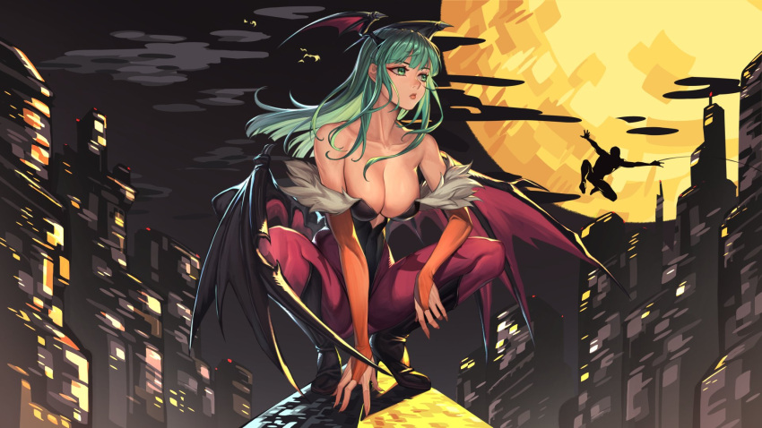 1boy black_leotard breasts cleavage darkstalkers female full_moon green_eyes green_hair head_wings highres leotard marvel moon morrigan_aensland solo spider-man spider-man_(series) strapless strapless_leotard temoc wings