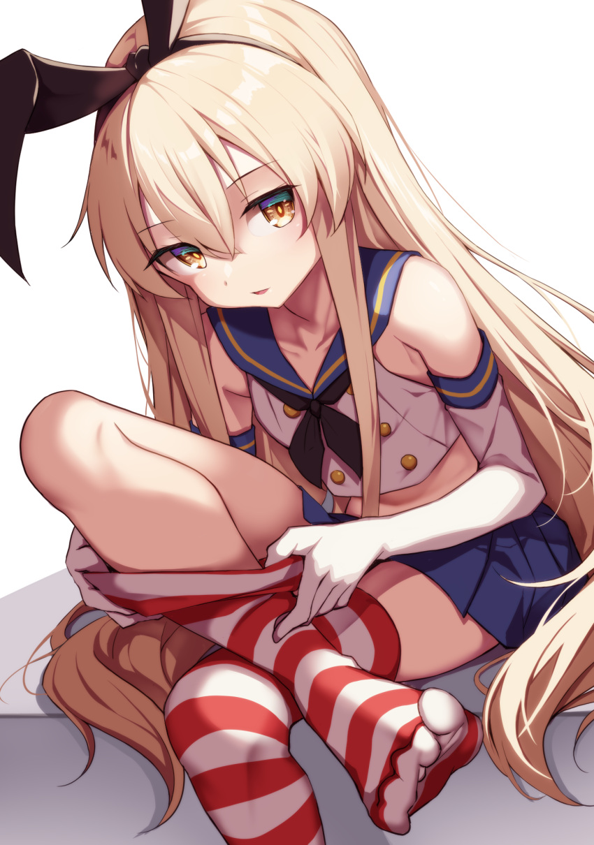 adjusting_clothes adjusting_legwear black_neckerchief blonde_hair creek_(moon-sky) elbow_gloves female gloves grey_eyes hair_between_eyes hairband highres kantai_collection long_hair looking_at_viewer navel neckerchief shimakaze_(kancolle) sitting solo striped_clothes striped_thighhighs thighhighs very_long_hair white_gloves