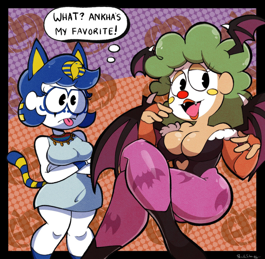 2girls ankha_(animal_crossing) ankha_(animal_crossing)_(cosplay) arms_under_breasts blue_hair chatterbox_the_clown_(imrachets) closed_mouth clown cosplay crossed_arms fangs green_hair halloween halloween_costume highres imrachets mime morrigan_aensland morrigan_aensland_(cosplay) multiple_girls mute mute_the_mime_(imrachets) open_mouth original pac-man_eyes thought_bubble tongue tongue_out toon_(style)