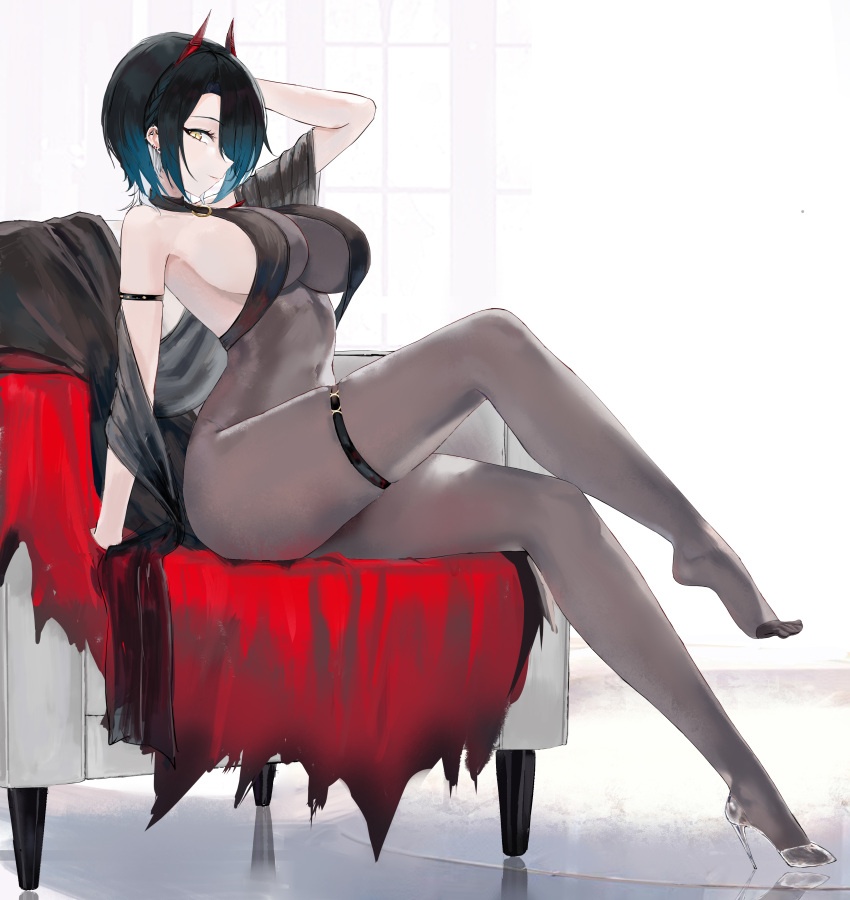 absurdres armchair ass azur_lane bare_shoulders black_hair bodystocking chair commentary covered_navel ear_piercing female glass_slipper high_heels highres horns leg_up looking_at_viewer piercing short_hair sitting slit_pupils smile solo suo_bu_ye_feng thigh_strap ulrich_von_hutten_(azur_lane) variant_set yellow_eyes