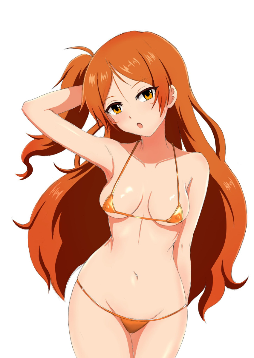 :o ahoge armpits arshinoe bikini breasts breasts_apart cleavage collarbone covered_nipples cowboy_shot dot_nose eyelashes female groin hand_in_own_hair highres idolmaster idolmaster_million_live! idolmaster_million_live!_theater_days long_hair looking_at_viewer lowleg lowleg_bikini medium_breasts micro_bikini navel ogami_tamaki open_mouth orange_bikini orange_eyes orange_hair parted_bangs side_ponytail sidelocks simple_background swimsuit very_long_hair wavy_hair white_background