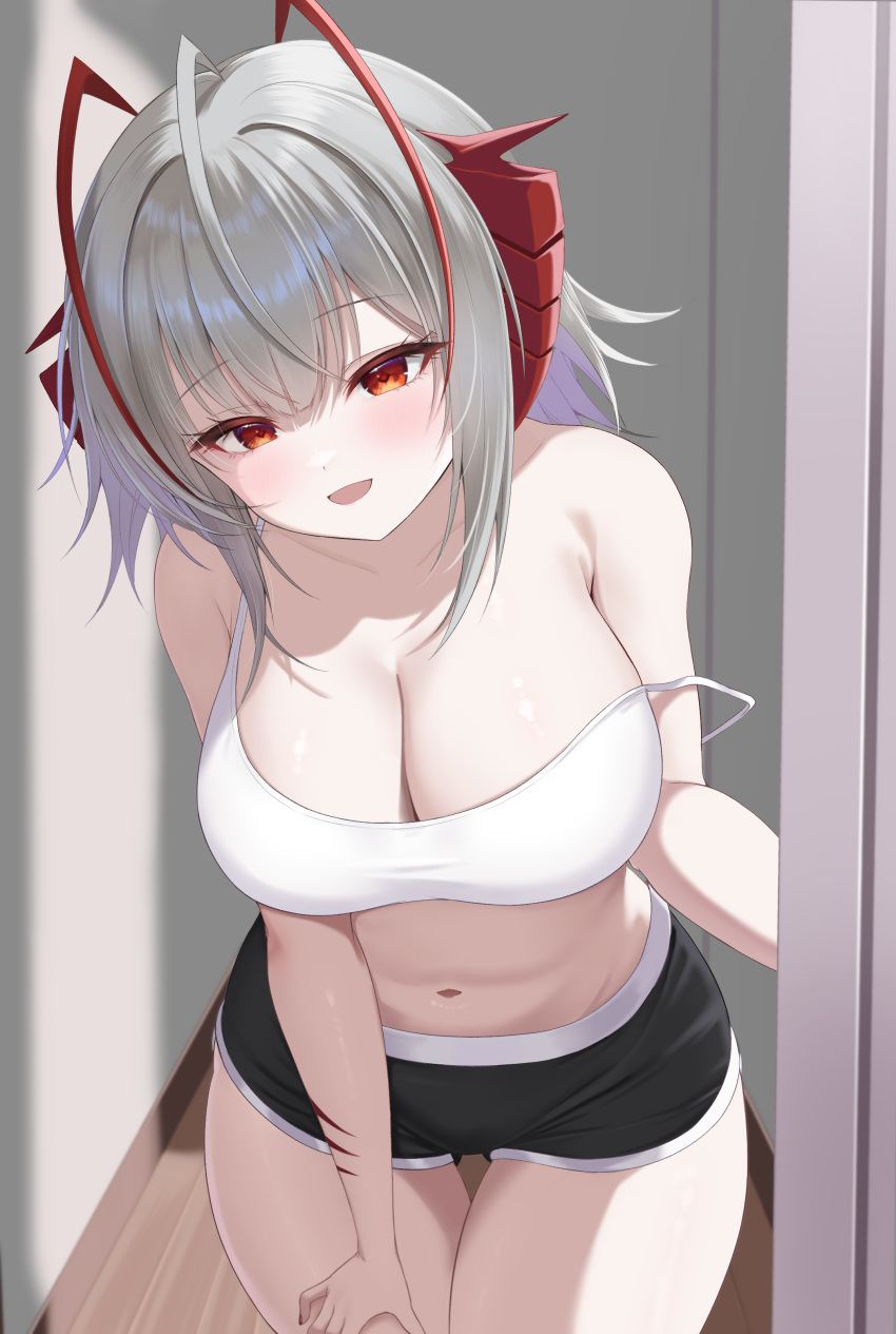 :d absurdres antennae arknights black_shorts blush camisole cowboy_shot crop_top dinosaurus_(azimangasaurus) female grey_hair highres horns looking_at_viewer midriff navel open_mouth red_eyes short_hair short_shorts shorts smile solo spaghetti_strap standing stomach strap_slip thighs w_(arknights) wis'adel_(arknights)