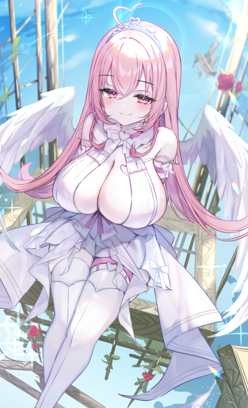 above_clouds angel_wings aogiri_koukou blue_sky blush breasts cleavage cleavage_cutout clothing_cutout cloud commentary dress feathered_wings feet_out_of_frame female gabu_rielu haidollo hair_between_eyes half-closed_eyes highres large_breasts legwear_garter long_hair looking_at_viewer pink_eyes pink_hair short_dress single_legwear_garter sky sleeveless sleeveless_dress smile solo sparkle thighhighs very_long_hair virtual_youtuber white_dress white_thighhighs white_wings wings