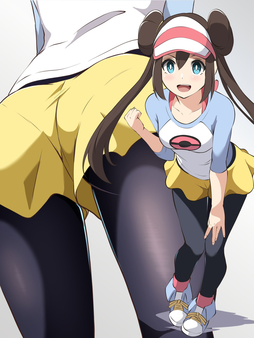 ass bent_over black_pantyhose blue_eyes blue_shirt borgbutler breasts brown_hair double_bun doughnut female food hair_bun highres long_hair medium_breasts pantyhose poke_ball_print pokemon pokemon_bw2 print_shirt rosa_(pokemon) shirt short_shorts shorts solo very_long_hair white_shirt yellow_shorts