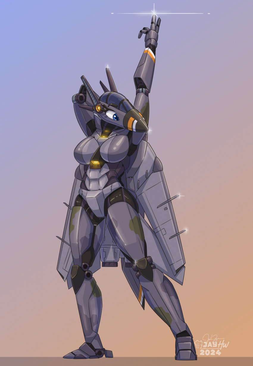 2024 aircraft anthro artist_logo black_eyebrows blue_background blue_eyes breasts camo eyebrows eyelashes featureless_breasts female gesture glint gradient_background green_markings grey_body grey_markings hand_behind_head hand_gesture hi_res lens_flare living_aircraft living_machine living_vehicle logo machine markings muscular muscular_female orange_background plantigrade raised_arm sammfeatblueheart signature simple_background solo standing v_sign vehicle