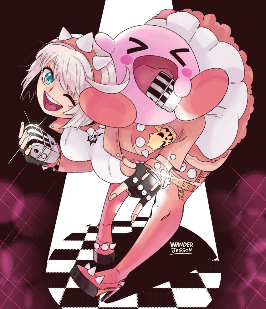 1boy absurdres ahoge aqua_eyes artist_name bent_over black_gloves blush_stickers bob_cut boots bracelet breasts closed_eyes collar colored_skin dress elphelt_valentine female fingerless_gloves gloves guilty_gear guilty_gear_strive hairband highres holding holding_microphone huge_ahoge jacket jewelry kirby kirby_(series) large_breasts microphone one_eye_closed open_mouth pink_collar pink_footwear pink_hairband pink_jacket pink_skin short_dress short_hair sleeveless sleeveless_dress smile spiked_bracelet spiked_collar spiked_hairband spiked_jacket spiked_thighlet spikes thigh_boots wanderjegson white_hair