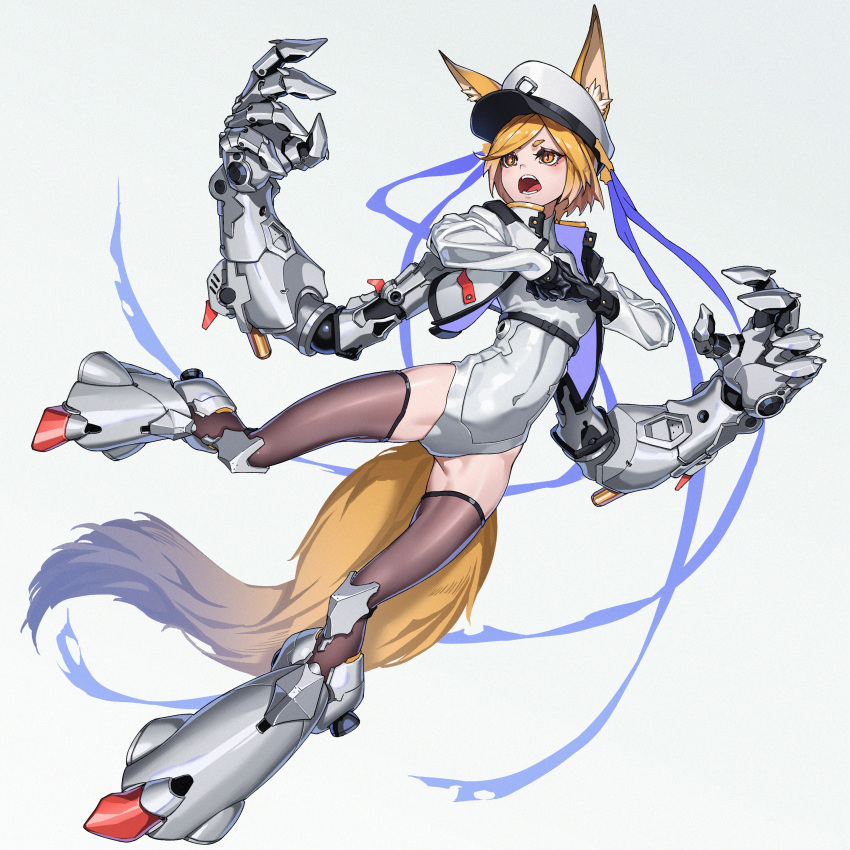 absurdres animal_ear_fluff animal_ears black_gloves blonde_hair commission covered_navel crop_top extra_arms female fist_in_hand fox_ears fox_girl fox_tail gloves grey_background hat highres leotard marui_(fxxstate_ofmind) mechanical_arms open_mouth original oversized_forearms oversized_limbs peaked_cap short_hair skeb_commission solo tail thighhighs very_short_hair white_leotard yellow_eyes