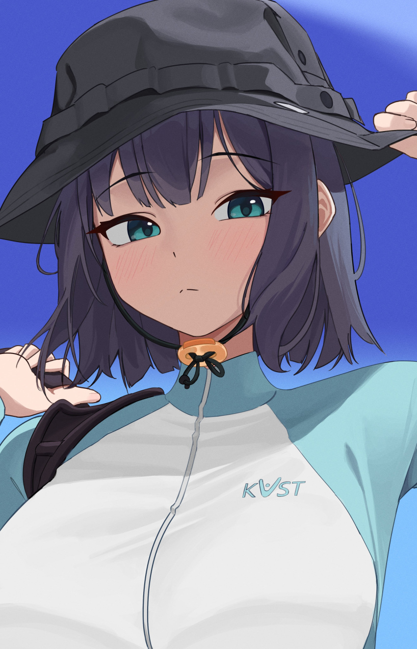 absurdres adjusting_clothes adjusting_headwear aqua_eyes aqua_jacket black_hat black_straps blue_archive blue_sky blush breasts bucket_hat closed_mouth female frown gangjeong hat highres holding_strap jacket large_breasts looking_at_viewer multicolored_clothes multicolored_jacket outdoors portrait purple_hair saki_(blue_archive) saki_(swimsuit)_(blue_archive) short_hair sky solo two-tone_jacket white_jacket