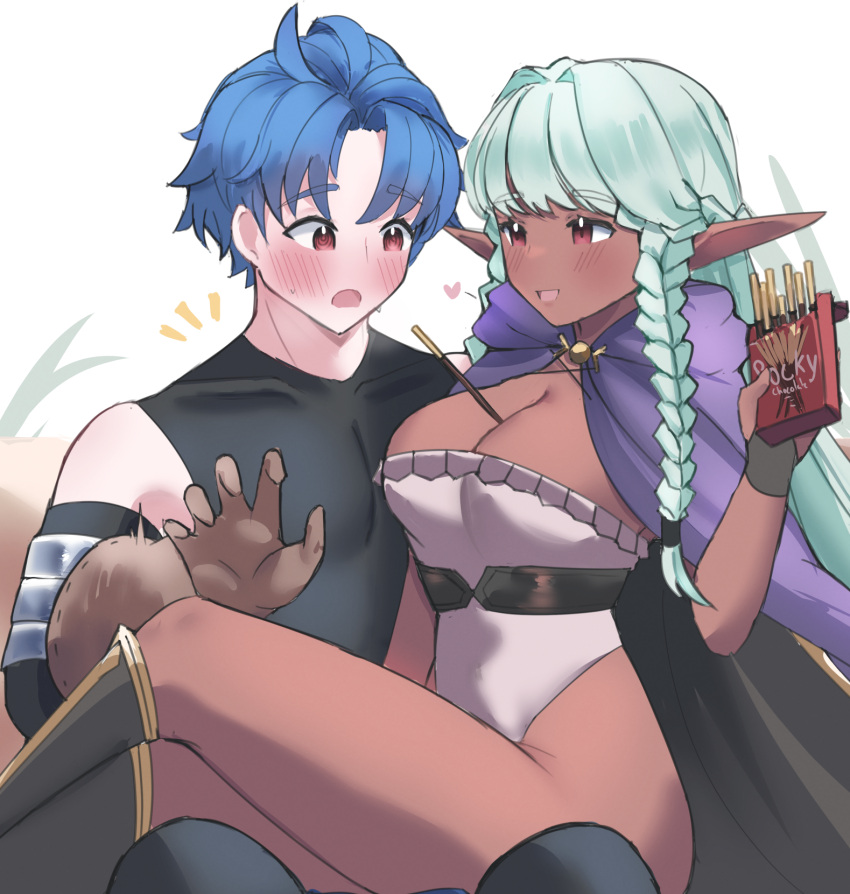 1boy alain_(unicorn_overlord) aqua_hair belt black_belt black_cape black_footwear black_shirt blue_hair blush boots braid breasts brown_gloves cape cleavage commentary dark-skinned_female dark_elf dark_skin elf english_commentary female food food_between_breasts gloves heart highleg highleg_leotard highres juneplums large_breasts leotard long_hair looking_at_another pocky pocky_day pointy_ears purple_cape red_eyes rosalinde_(unicorn_overlord) shirt short_hair sitting sitting_on_lap sitting_on_person sleeveless sleeveless_shirt smile straight strapless strapless_leotard sweat thighs twin_braids two-tone_cape unicorn_overlord white_leotard