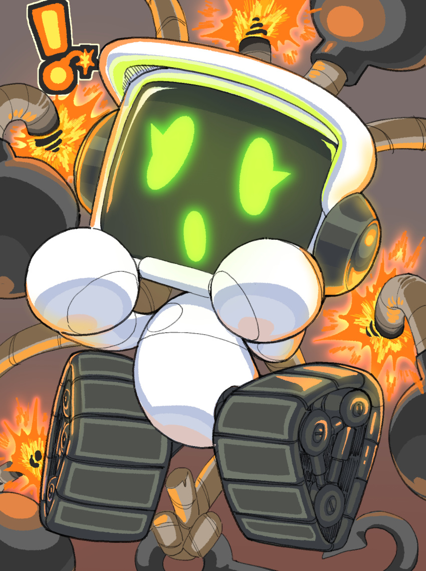 bomb exclamation_point explosion explosives eyelashes featureless_hands female goatboydraws green_eyelashes green_eyes green_mouth hi_res lise_project machine noseless not_furry open_mouth robot rope screen screen_face solo spelunky spelunky_2 wheel white_body