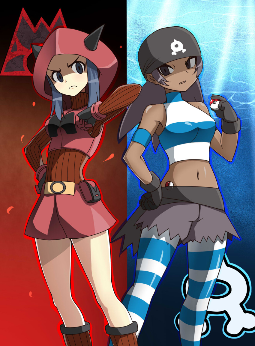 2girls bandana breasts closed_mouth commentary_request cropped_shirt fake_horns frown gloves hand_on_own_hip hand_up highres holding holding_poke_ball hood hood_up horns knees logo multiple_girls navel pantyhose poke_ball poke_ball_(basic) pokemon pokemon_oras shirt shorts sidelocks sleeveless sleeveless_shirt striped_clothes striped_pantyhose team_aqua team_aqua_grunt team_aqua_uniform team_magma team_magma_grunt team_magma_uniform zetsuei_(zetto)