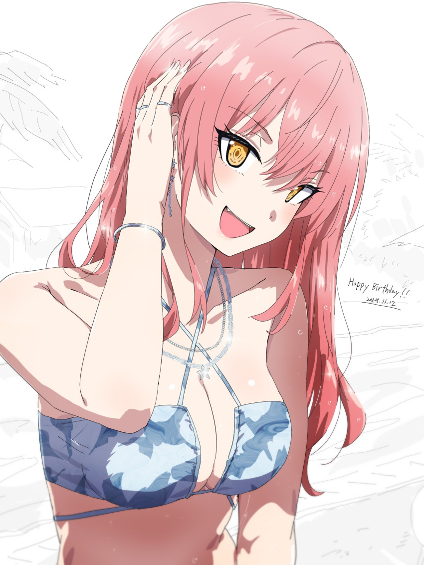 bikini blue_bikini blush bracelet breasts cleavage collarbone commentary_request dated earrings female happy_birthday highres idolmaster idolmaster_cinderella_girls jewelry jougasaki_mika long_hair looking_at_viewer medium_breasts misaki_nonaka open_mouth pink_hair ring ringed_eyes simple_background smile solo swimsuit teeth upper_body upper_teeth_only yellow_eyes