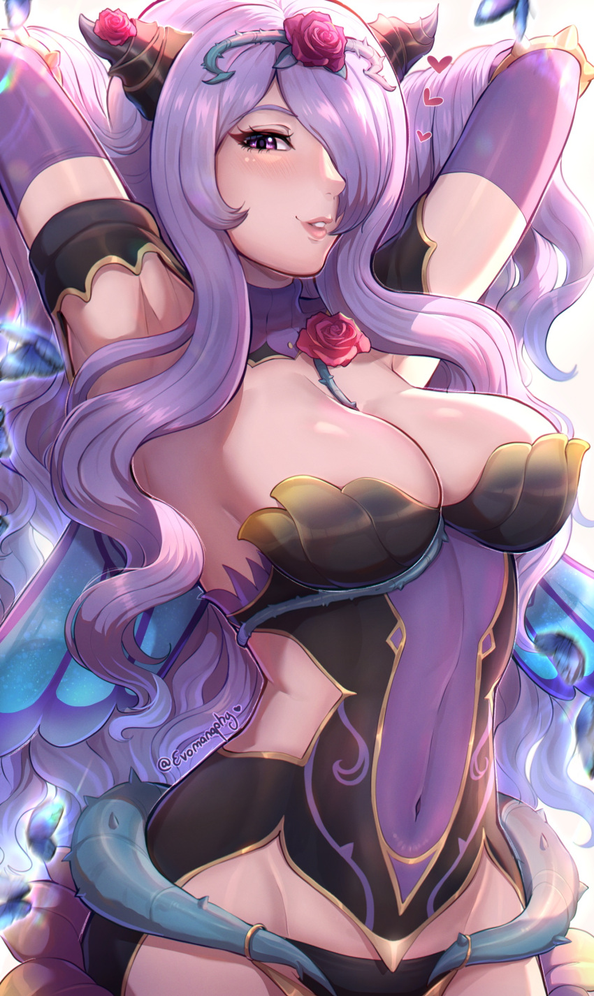 absurdres armpits arms_behind_head arms_up black_panties breasts camilla_(fire_emblem) camilla_(resplendent)_(fire_emblem) cleavage clothing_cutout evomanaphy female fire_emblem fire_emblem_fates fire_emblem_heroes flower hair_flower hair_ornament hair_over_one_eye highres large_breasts long_hair looking_at_viewer navel navel_cutout official_alternate_costume panties purple_hair red_flower red_rose rose smile solo underwear